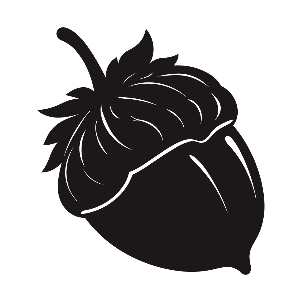 Black silhouette of an acorn in side view with a leafy cap and long curved stem