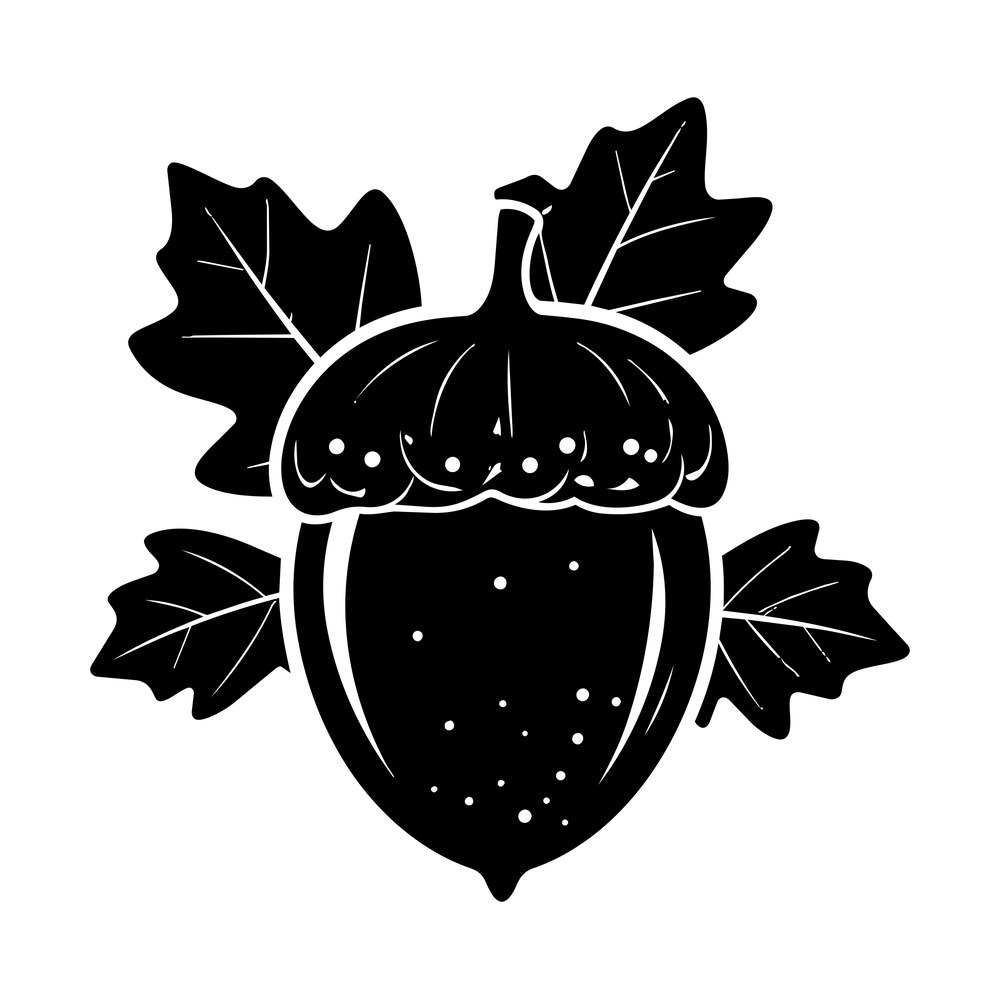 Solid black acorn silhouette framed by four maple leaves with cut-out veins