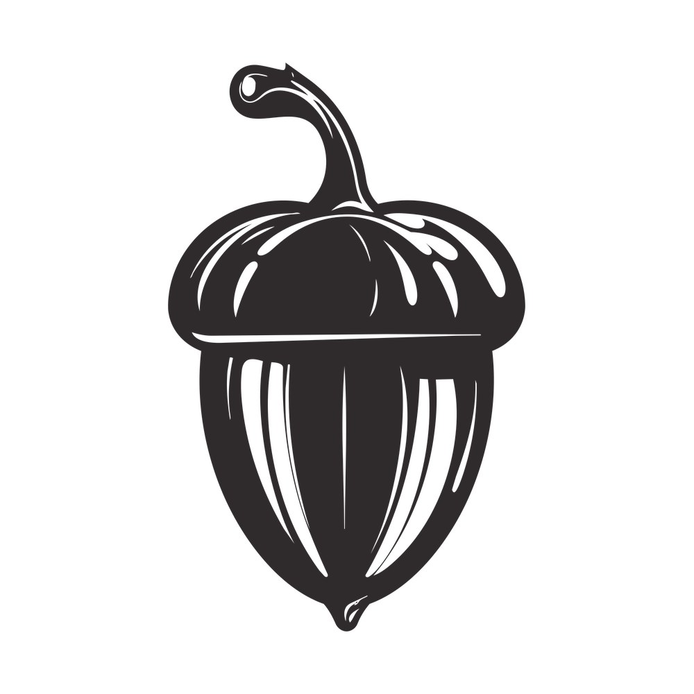 Detailed black acorn with ridged cap, curled stem and white line shading on the shell