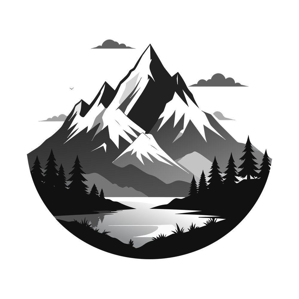 Circular gray and white scene of snow-capped mountains, pine trees and a reflective lake