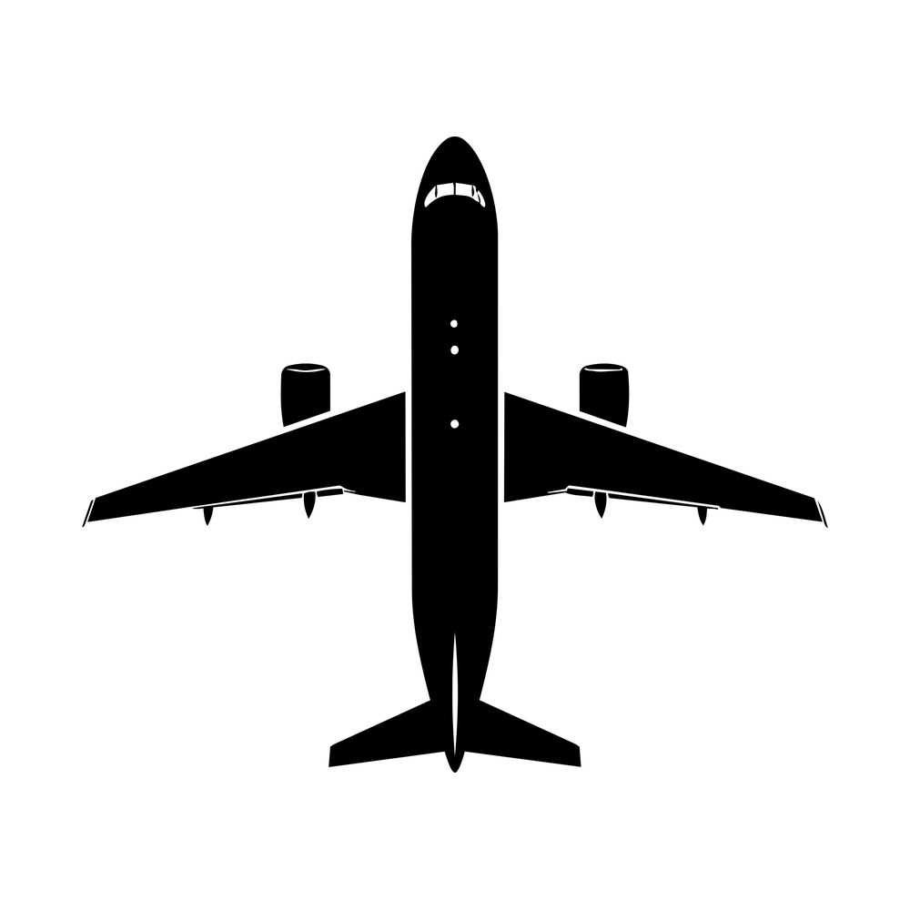 Black airplane sticker showing a twin-engine jet from below with swept wings and tailplane
