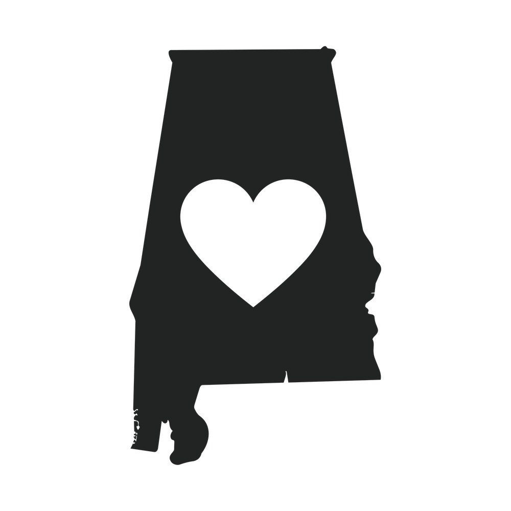 Solid black Alabama state map sticker with a large white heart cut out of the center
