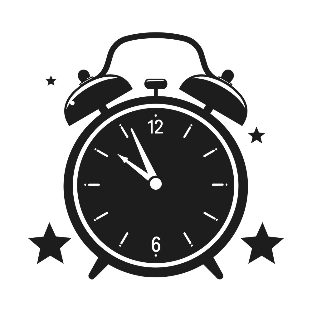 Solid black alarm clock with white numerals and hands near midnight, surrounded by four stars