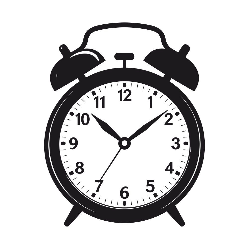 Twin bell alarm clock decal with numbered white face, hour ticks and hands at ten past ten