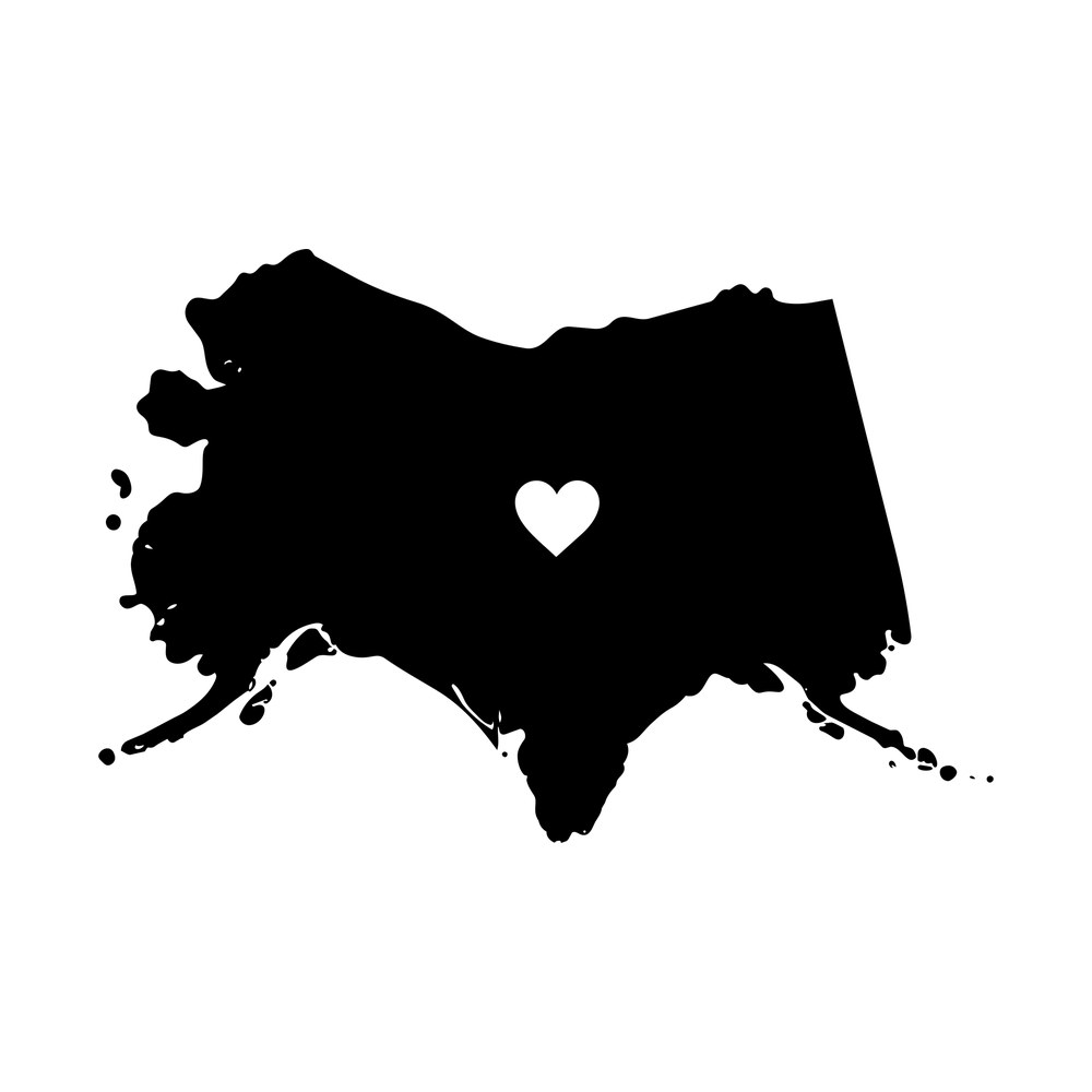 Solid black Alaska state map sticker with a small white heart cut out of the center