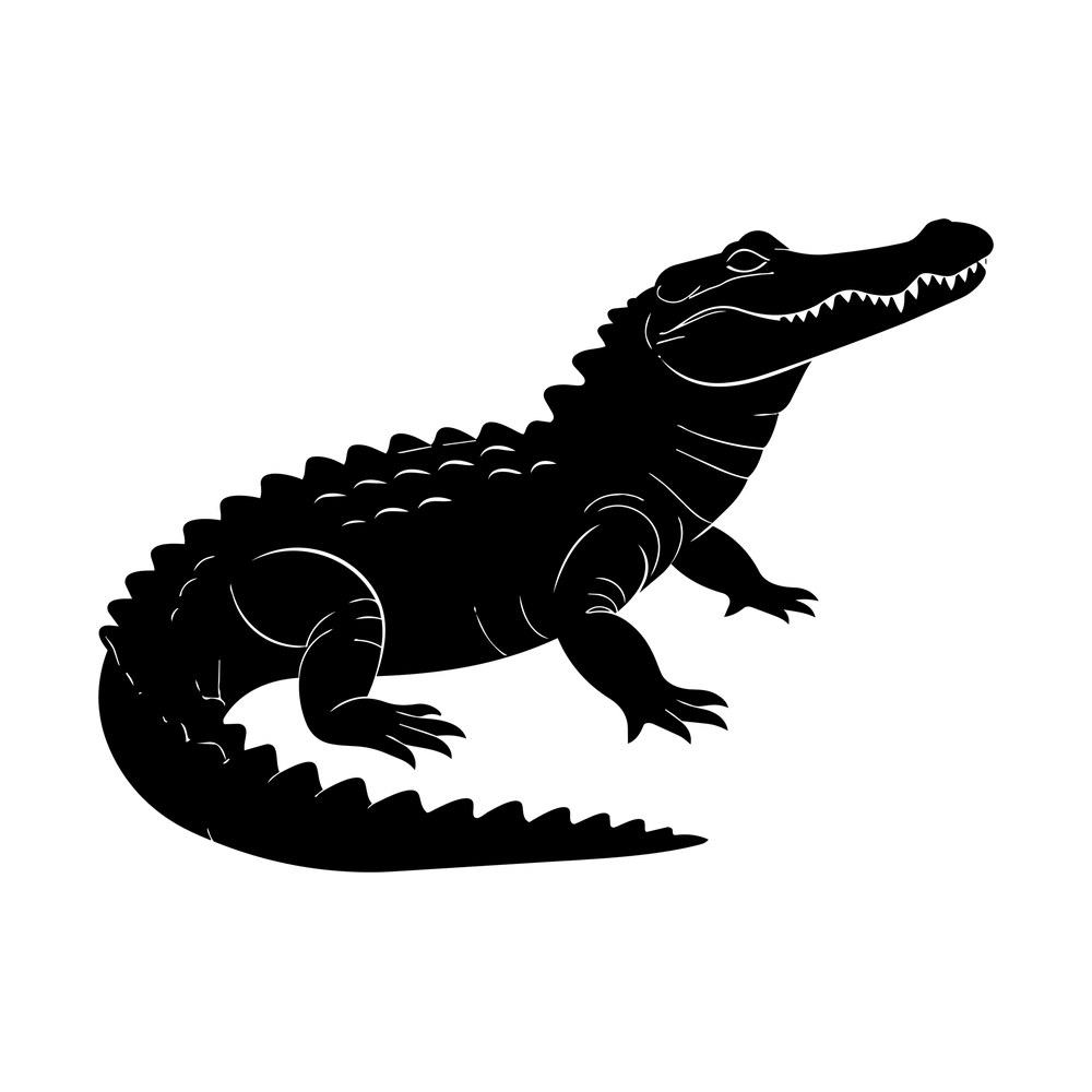 Black side-view silhouette of an alligator with open jaws, ridged back and long curled tail
