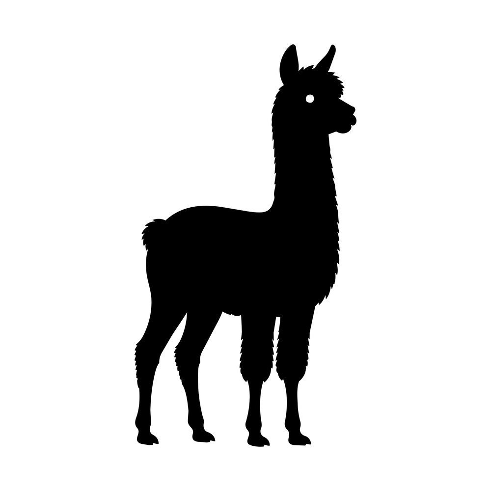 Black silhouette of a standing alpaca with shaggy fleece, perked ears and a small cut-out eye