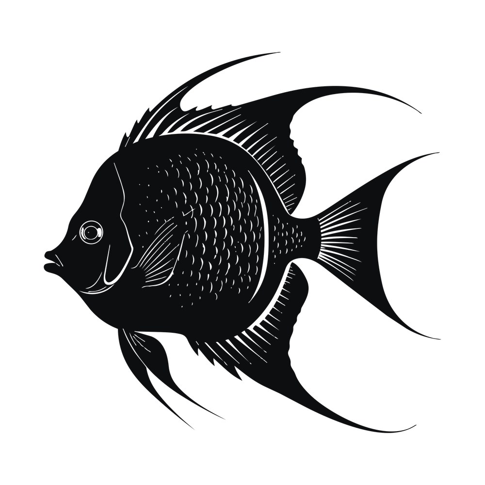 Black angelfish silhouette with scale texture, ray-lined fins and long trailing filaments