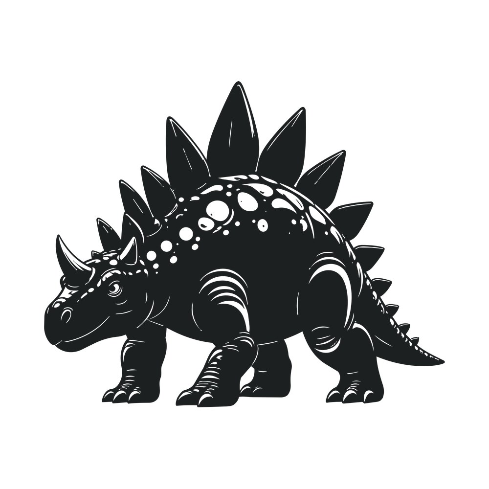 Black silhouette dinosaur with spiked back plates, horned head, spotted hide and clawed feet, walking