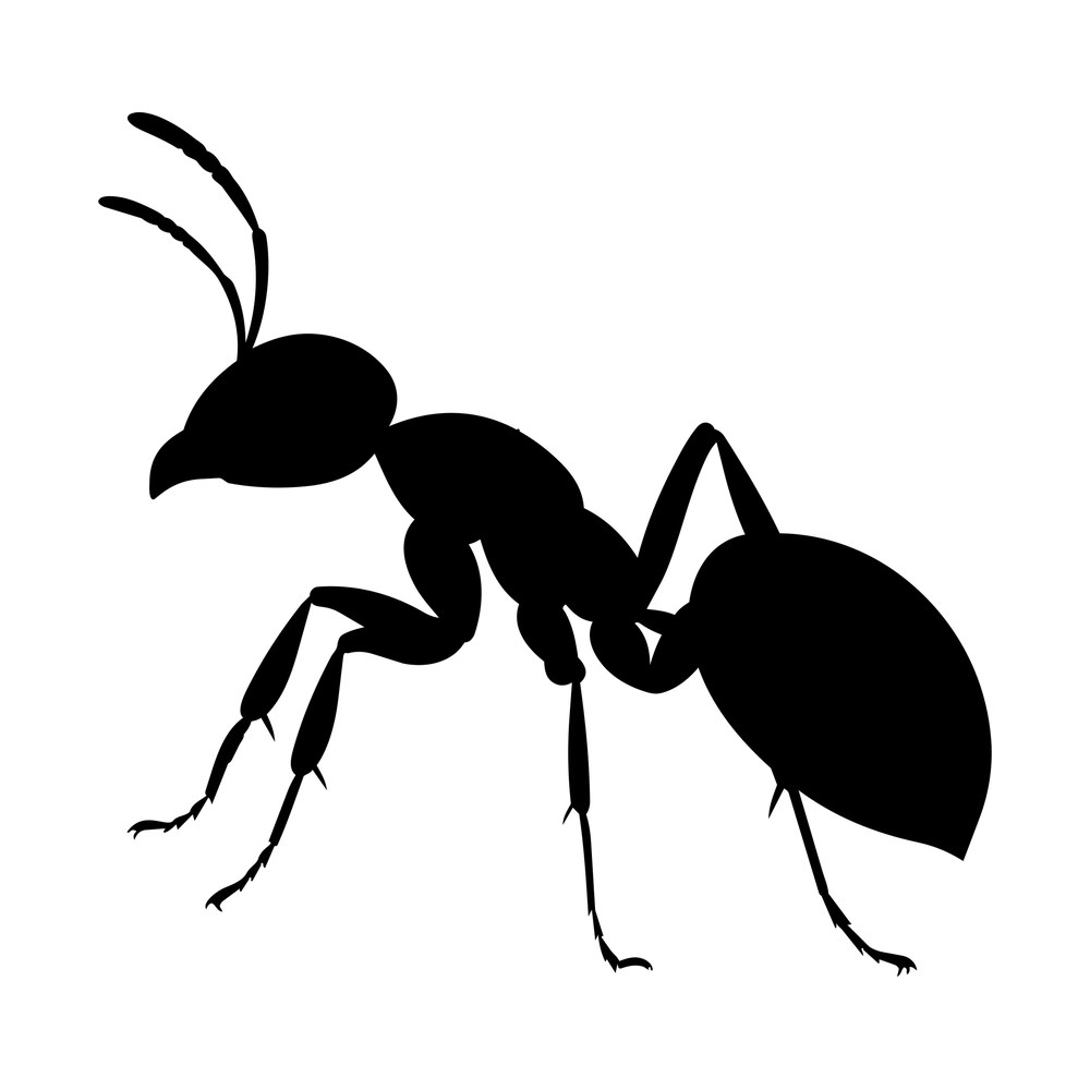 Black silhouette of a worker ant in side view with long antennae and six jointed legs
