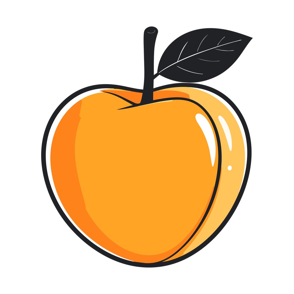Orange apricot with a thick black outline, curved stem and one dark leaf on a transparent background