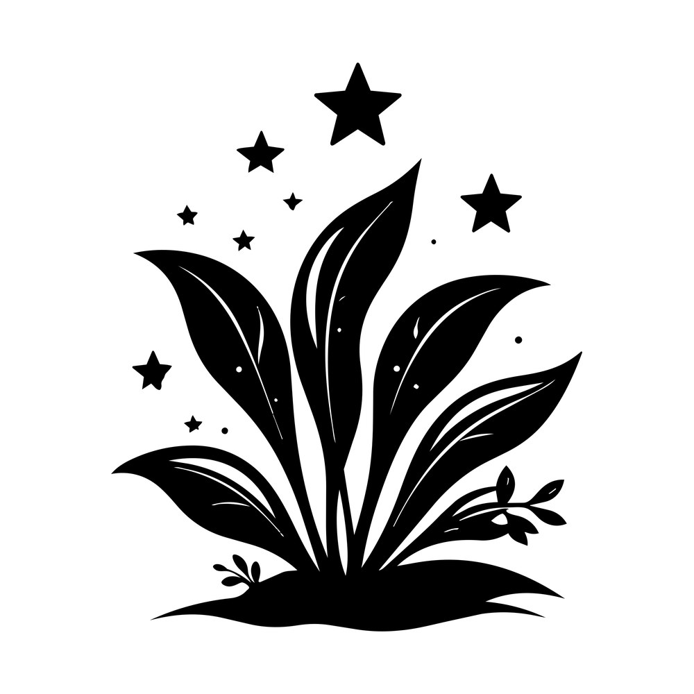 Black aquarium plant silhouette with broad leaves, small sprigs and scattered stars above it