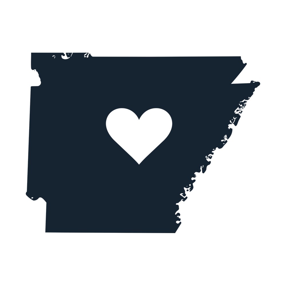 Navy blue Arkansas state map shape with a white heart shape cut out at its center