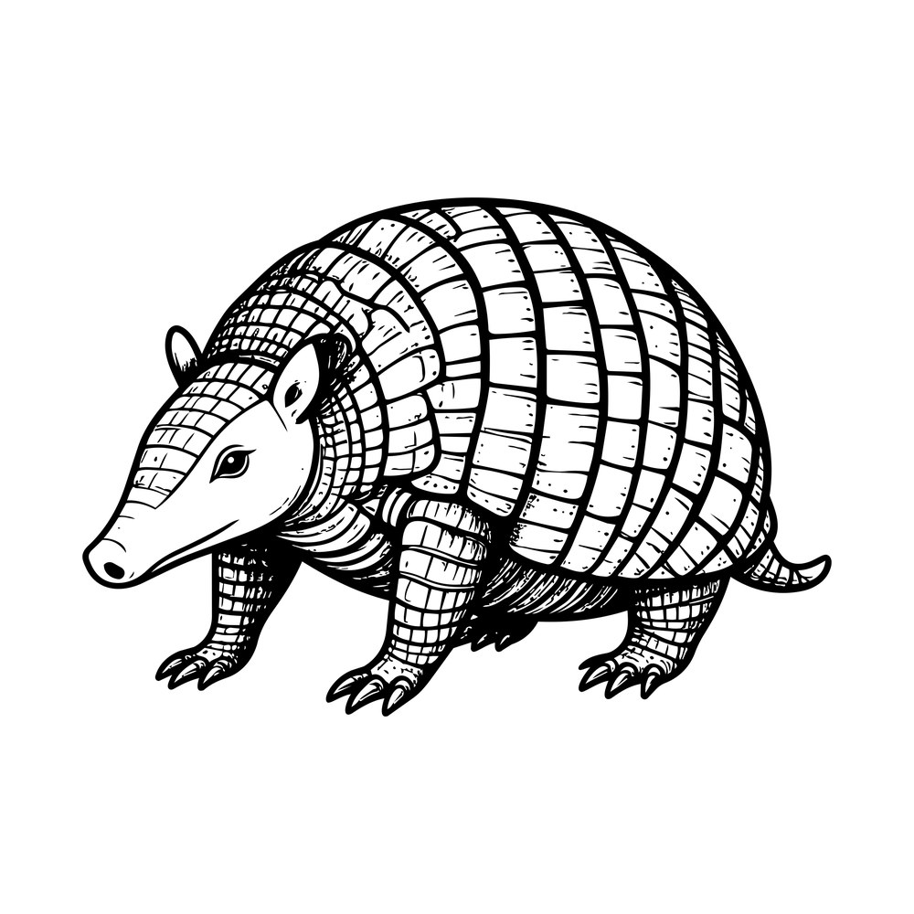 Hand-drawn outline armadillo in side view with hatched banded shell, long snout and clawed feet