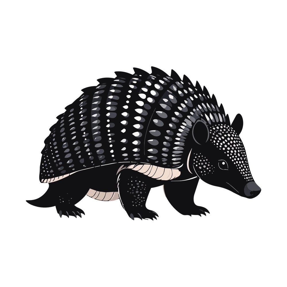 Armadillo in side profile with speckled banded shell, pointed ear, long snout and cream belly stripe