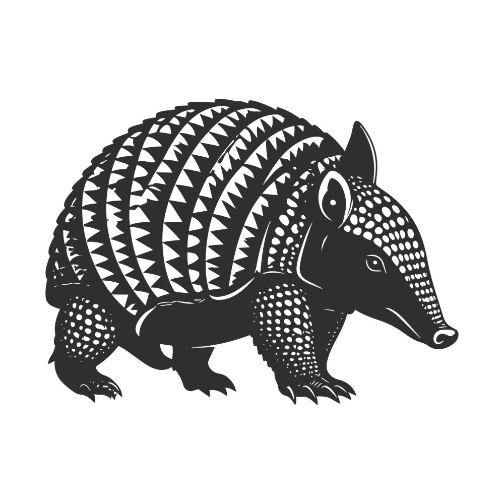 Black armadillo silhouette in side view with banded triangular shell, stippled legs and long tail
