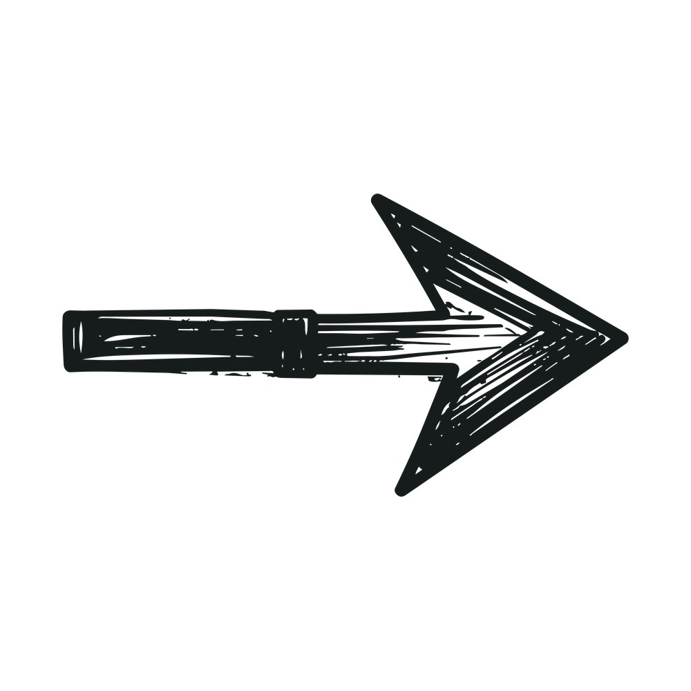 Sketchy hand-drawn arrow pointing right with hatched shading and a band around the shaft