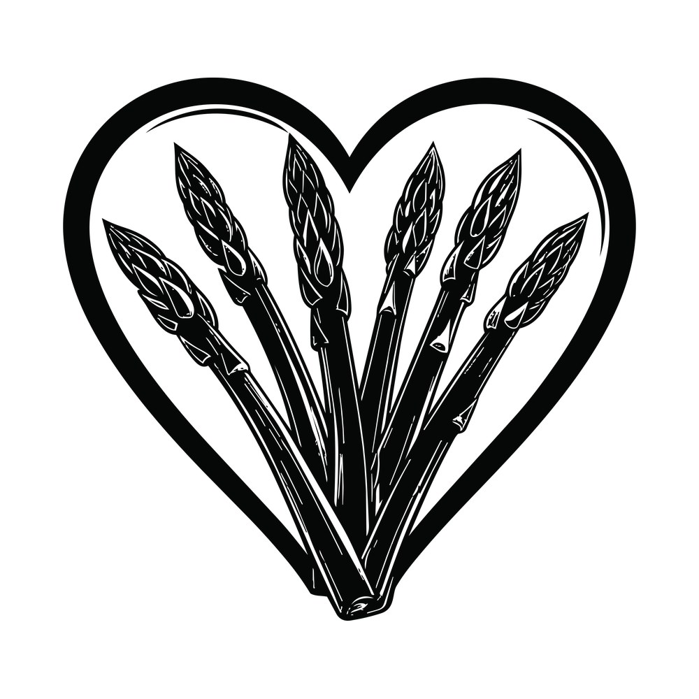 Bunch of six engraved asparagus spears inside a thick hand-drawn heart outline in black