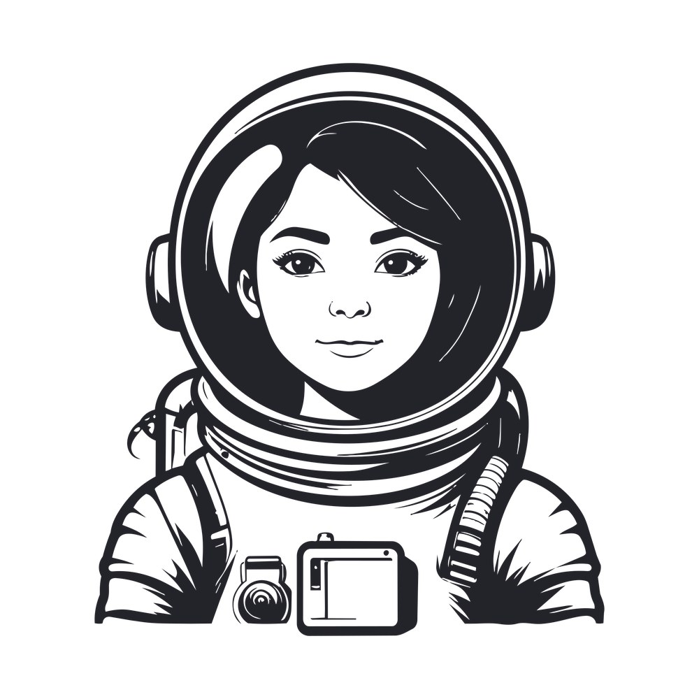 Black and white portrait of a girl astronaut in a round bubble helmet with a chest control box