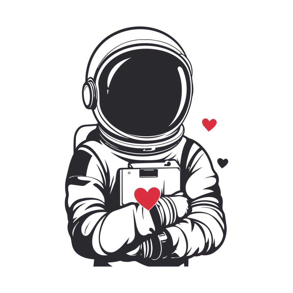 Inked astronaut with folded arms and chest panel, two red hearts and one black heart nearby