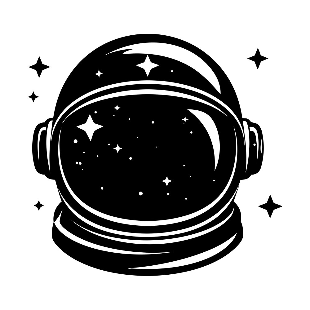 Black astronaut helmet facing forward with stars and dots filling the visor and sparkles around it