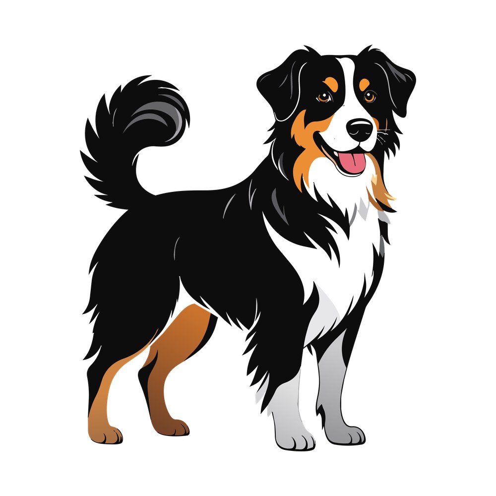 Illustrated black tri Australian Shepherd standing with tongue out, white chest and copper markings
