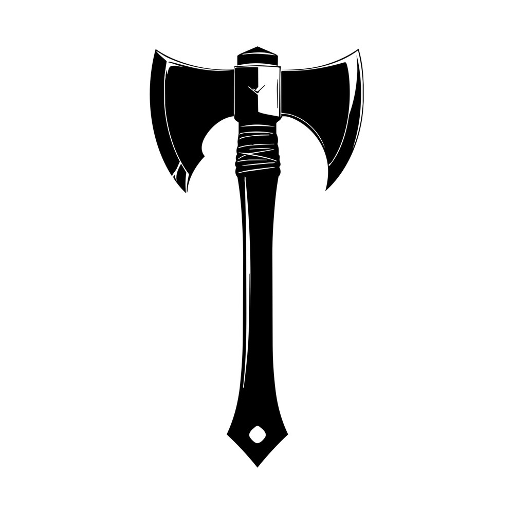Black double-bit axe with two crescent blades, cord-wrapped handle and pointed knob end