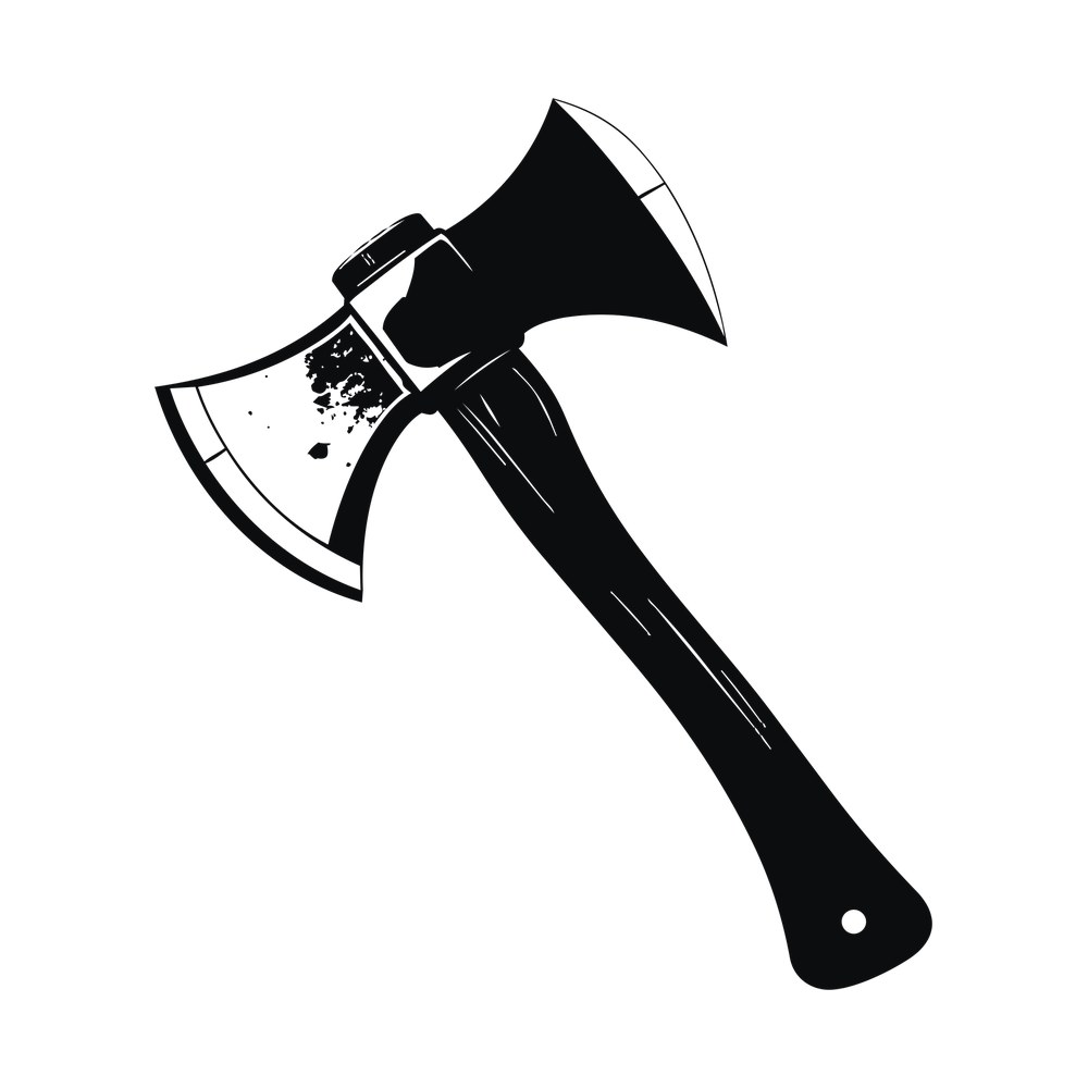 Black and white double bit axe sticker with a long wooden handle and a worn left blade