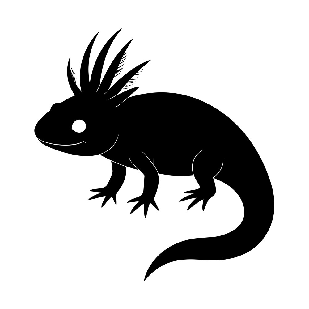 Black silhouette of an axolotl in side view with feathery gills, webbed feet and a curled tail