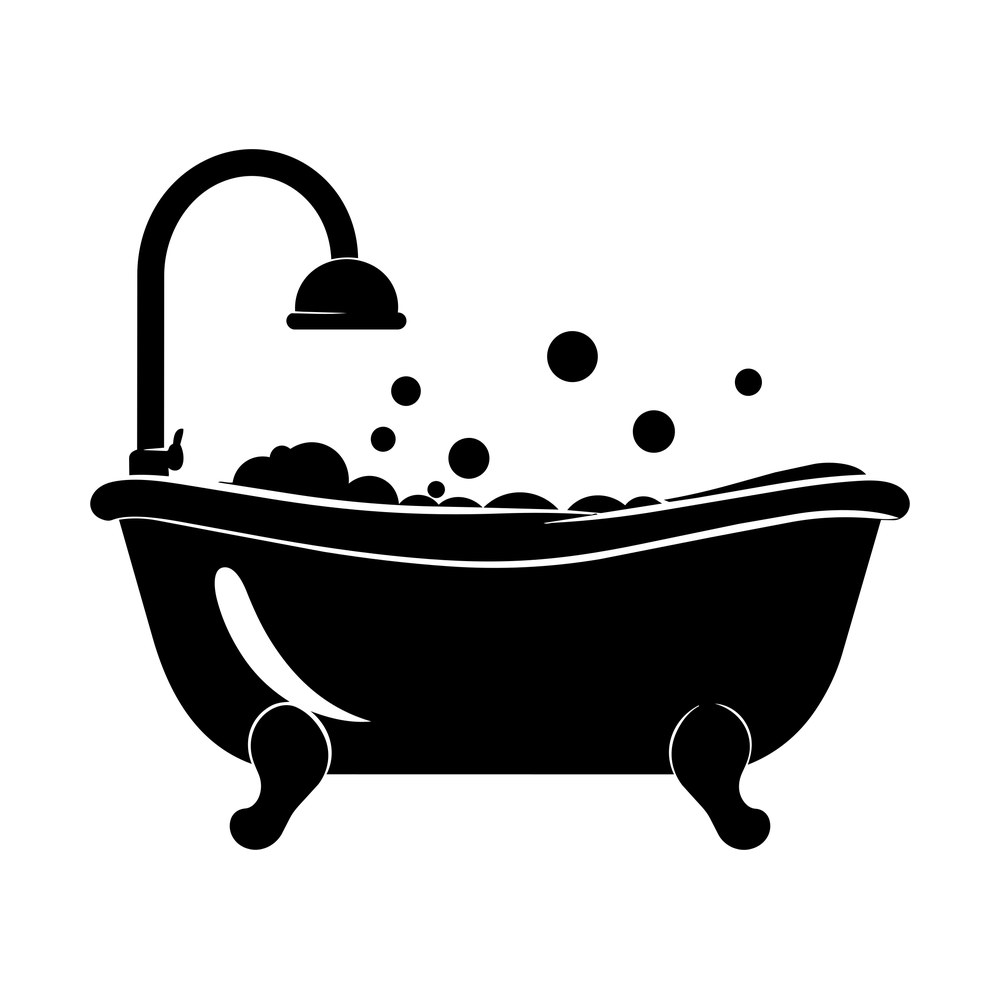 Silhouette decal of a clawfoot bathtub with bubbles, suds and a wall-mounted shower head