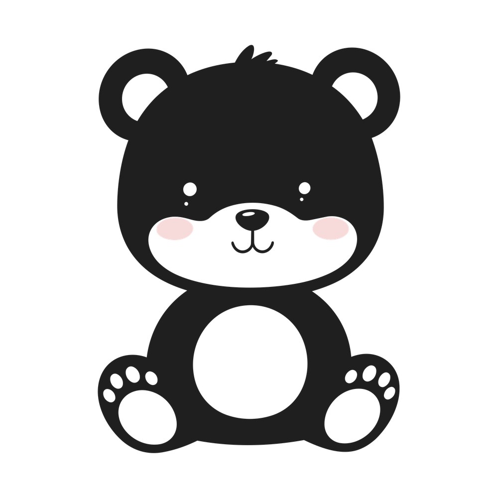 Sitting kawaii baby bear with round ears, pale muzzle and belly, pink blush cheeks and toe pads