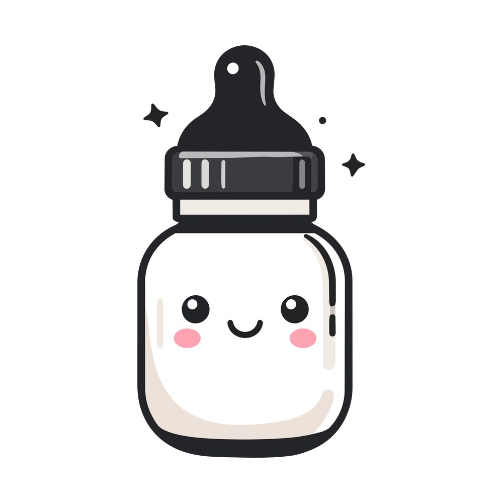 Kawaii baby milk bottle with a smiling face, pink blush cheeks, dark cap and nipple, and small sparkles