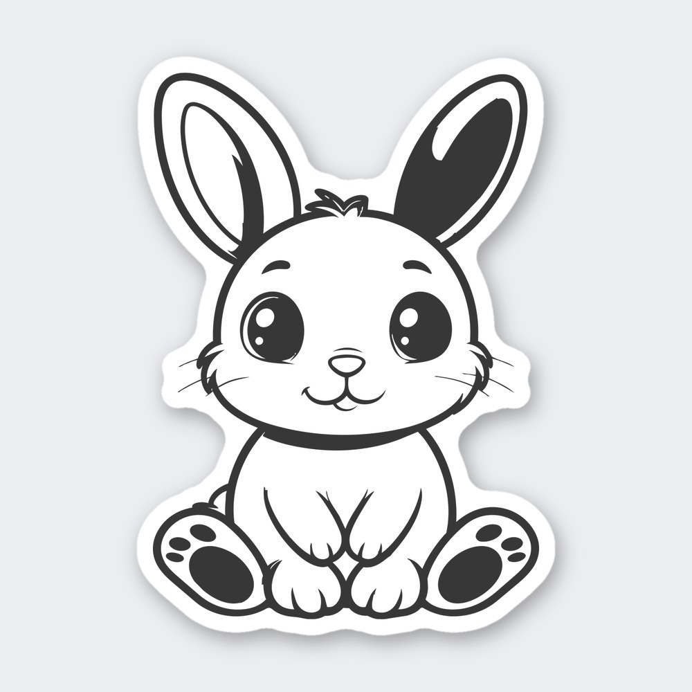 Outline-style sticker of a sitting baby bunny with tall ears, big eyes, whiskers and spotted paw pads
