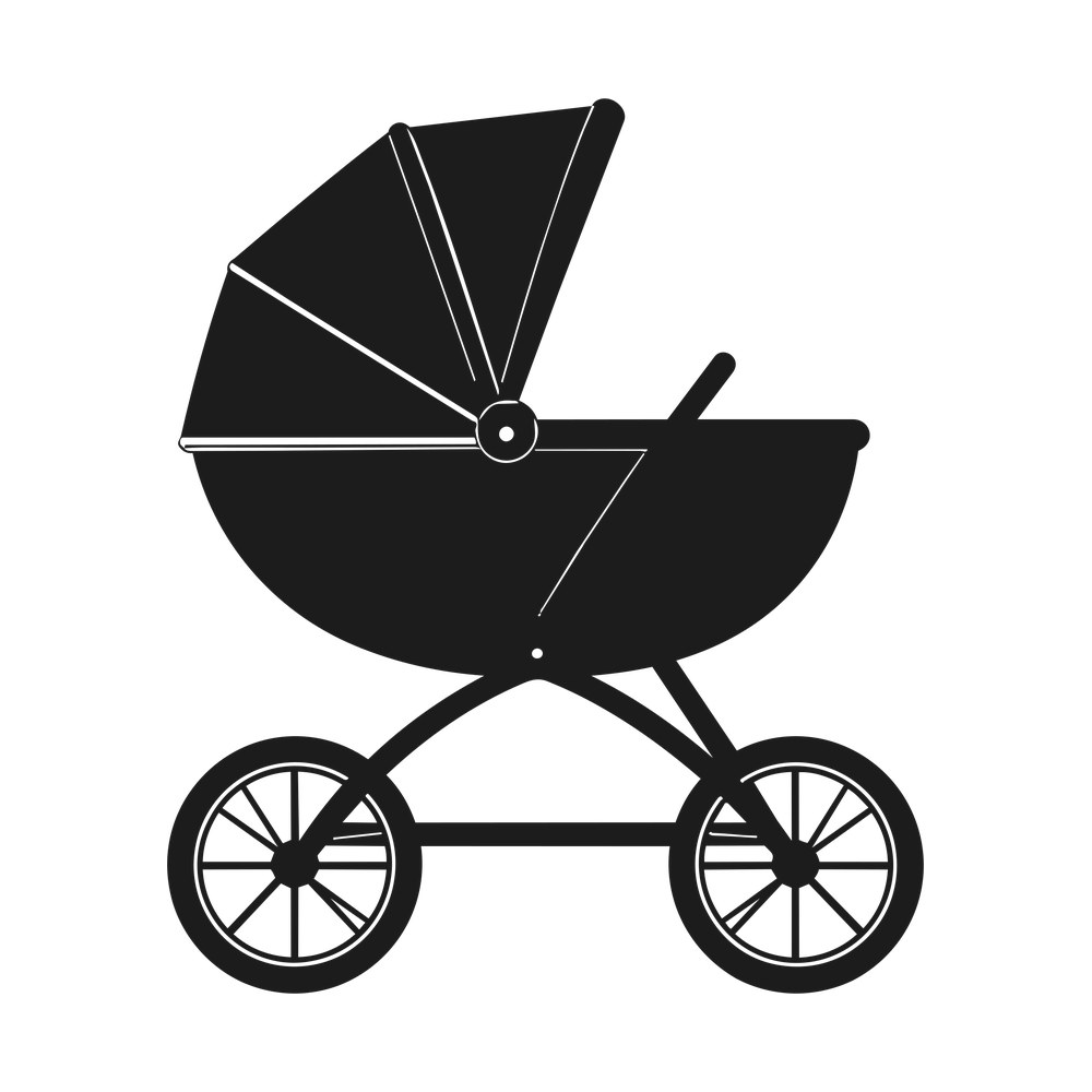 Minimal black silhouette of a vintage baby pram in side view with folded hood and spoked wheels