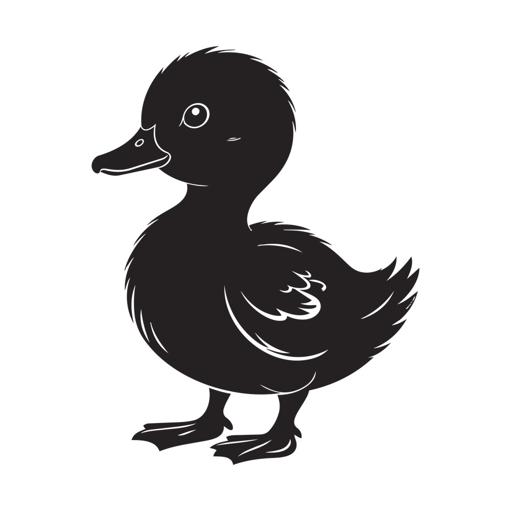 Black silhouette of a baby duckling standing in profile with soft feather edges and round eye