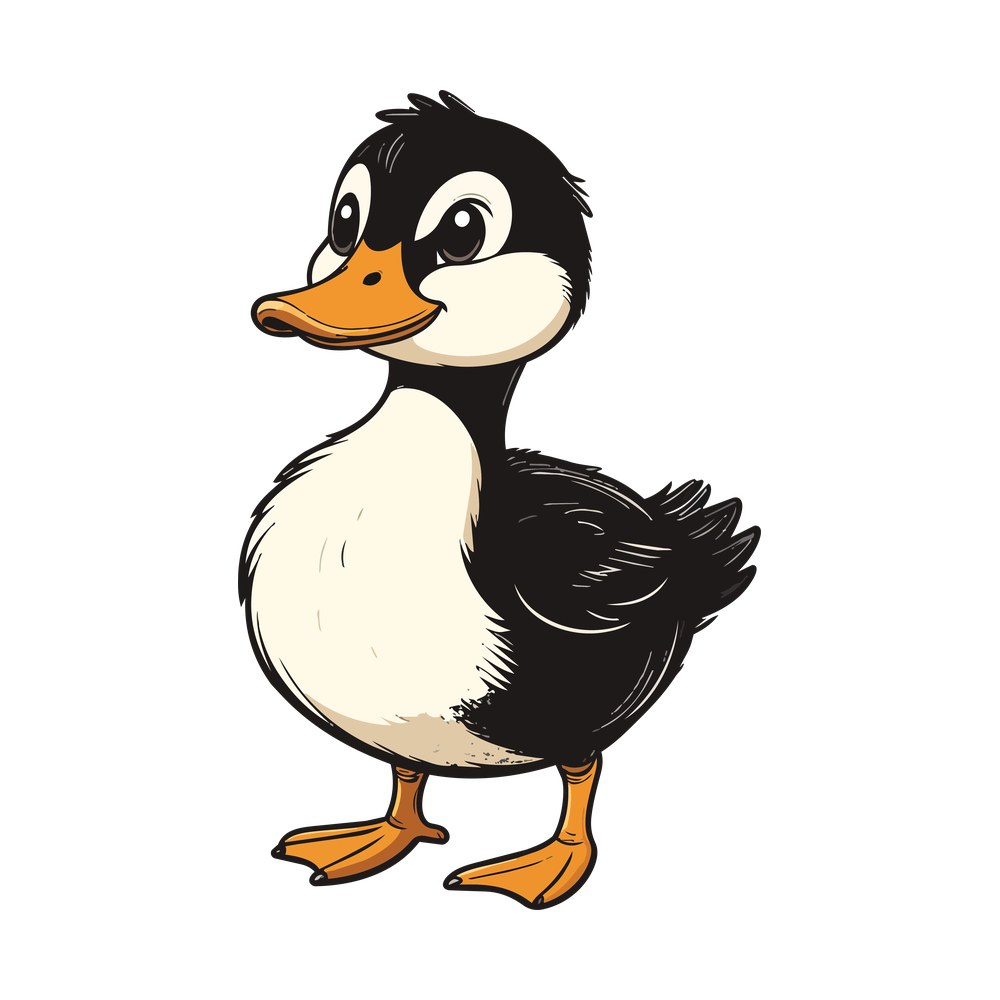 Cartoon baby duckling standing in profile with dark head and wing, cream chest and orange bill and feet