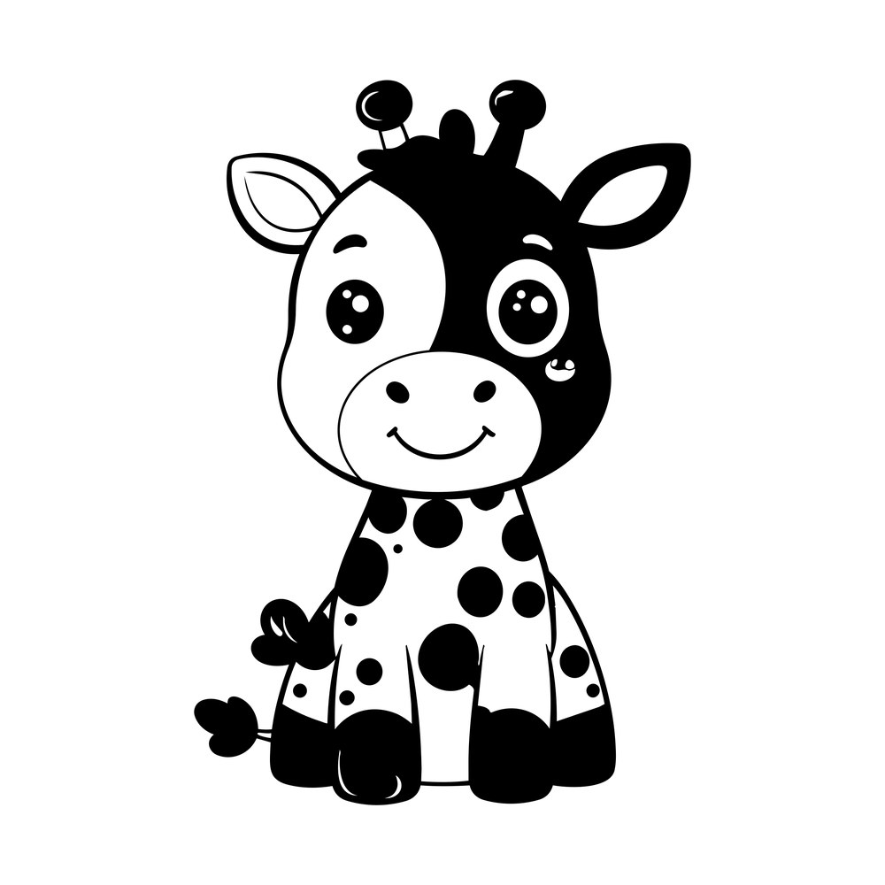 Sitting cartoon baby giraffe with large eyes, small horns, leaf-shaped ears and round body spots
