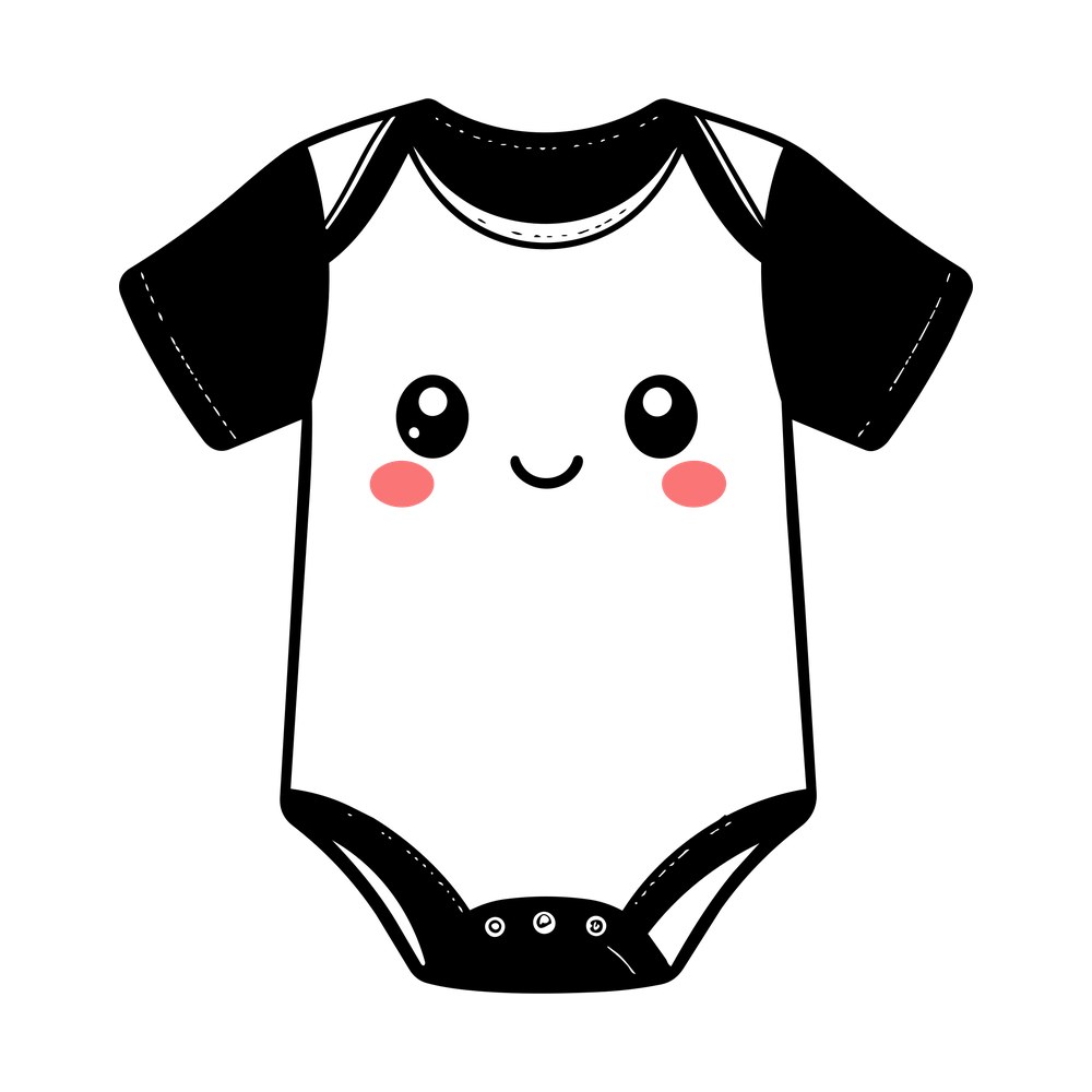 Baby bodysuit with dark sleeves and a smiling kawaii face with pink blush cheeks
