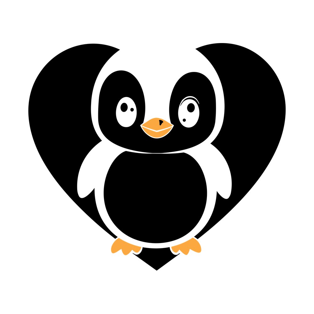 Cartoon baby penguin with orange beak and feet framed inside a black heart shape