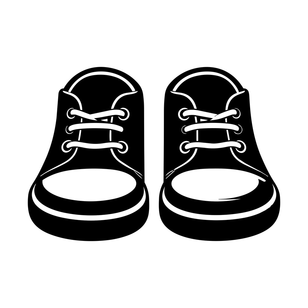 Silhouette of a pair of baby sneakers facing forward with white laces, eyelets and soles