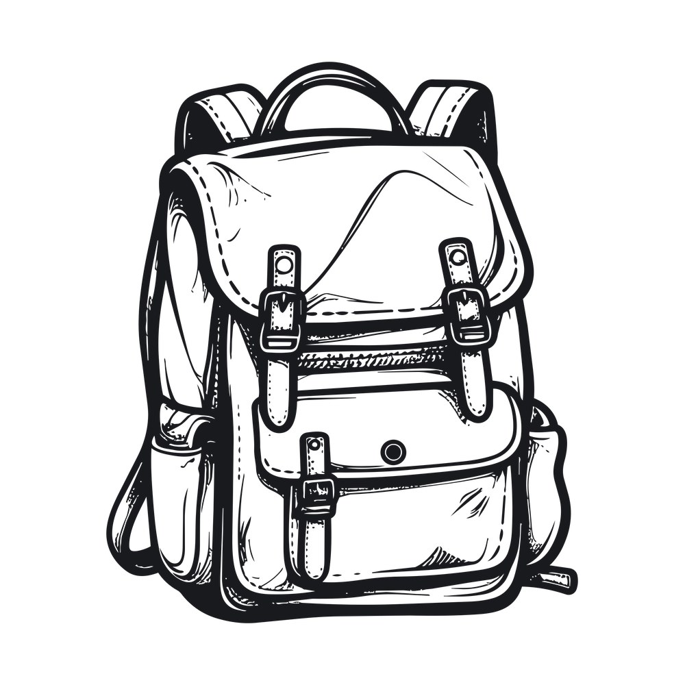 Line art drawing of a flap-top backpack with buckle straps, side pockets and shoulder straps