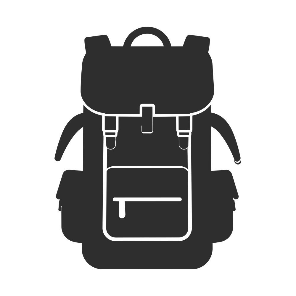 Flat dark sticker of a hiking backpack with buckled flap, front zip pocket and side pockets