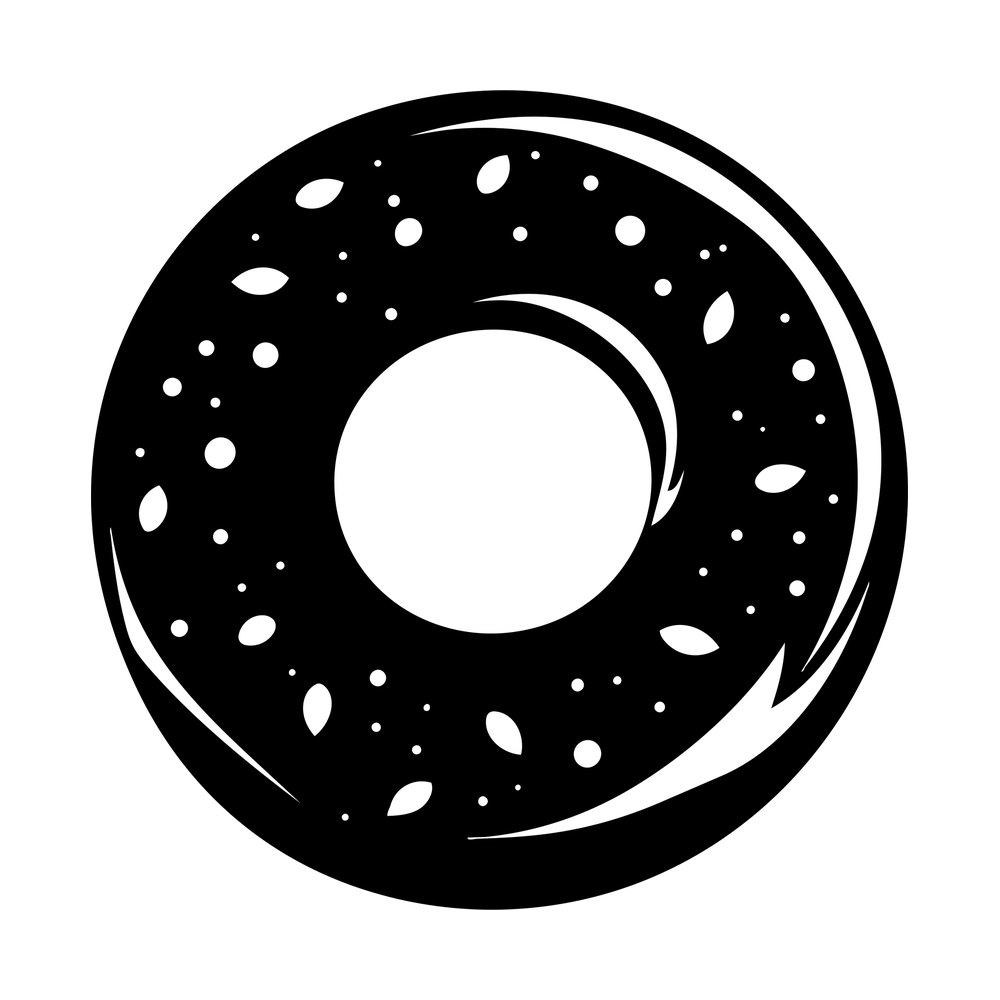 Black and white bagel sticker seen from above with center hole, scattered seeds and highlights