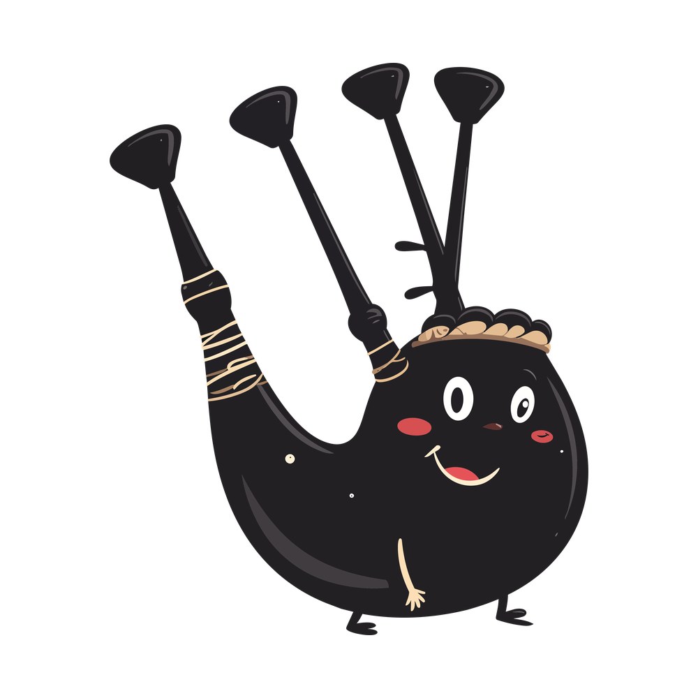 Cartoon bagpipes with a smiling face, rosy cheeks, tan cords and little legs