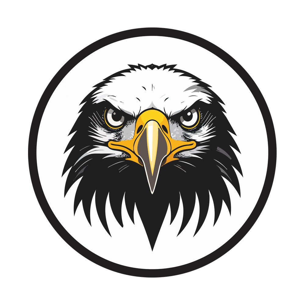 Bald eagle head facing forward with yellow beak inside a thick black circle badge