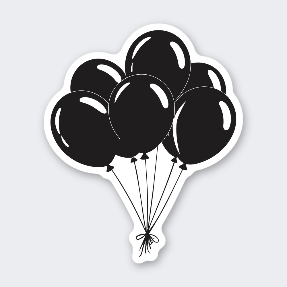 Black silhouette bunch of six balloons with shine marks and strings tied in a bow