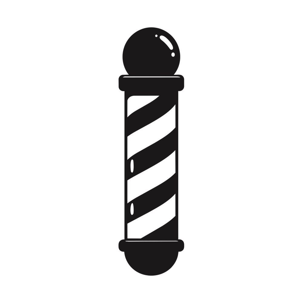 Black and white barber pole with spiral stripes, round ball on top and domed base