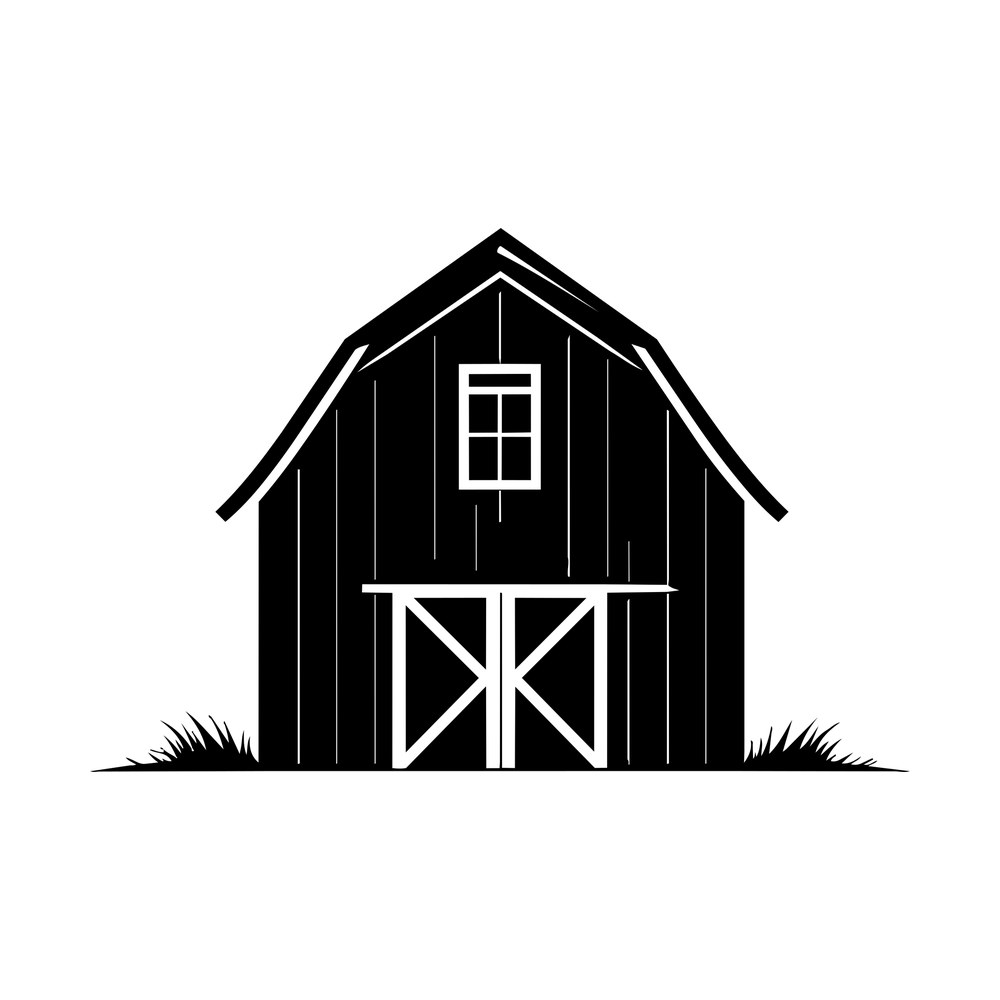 Black barn sticker with gambrel roof, hayloft window, X-braced doors and grass at the base