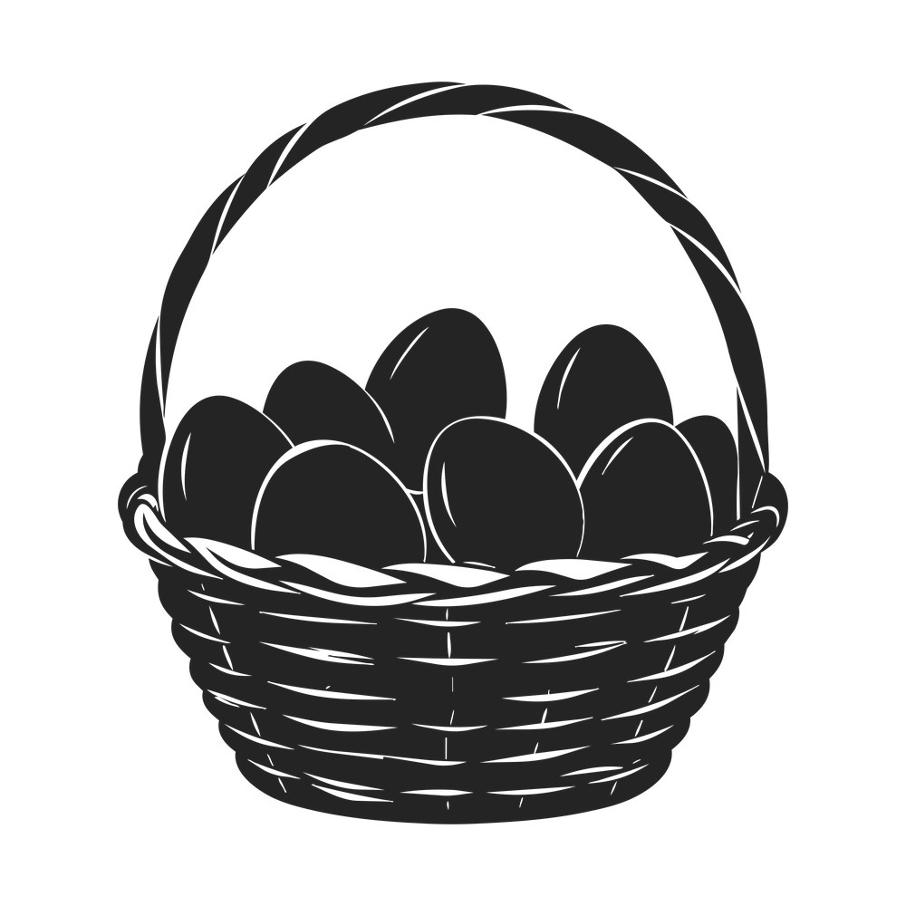 Black silhouette of a woven wicker basket with a tall handle holding seven eggs