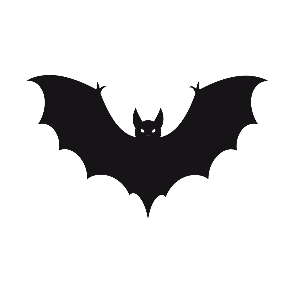 Solid black flying bat silhouette with spread scalloped wings, pointed ears and slit eyes